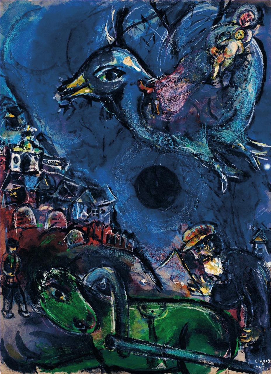 現代マルク・シャガール「緑の馬のいる村」または「黒い月のビジョン」油絵